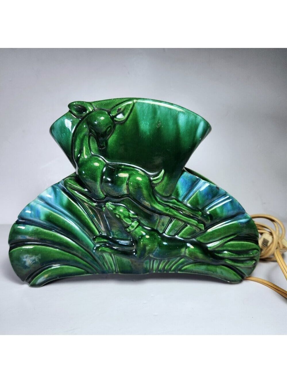 Vintage Ceramic Planter Lamp – Leaping Deer – Mid Century Green Glaze